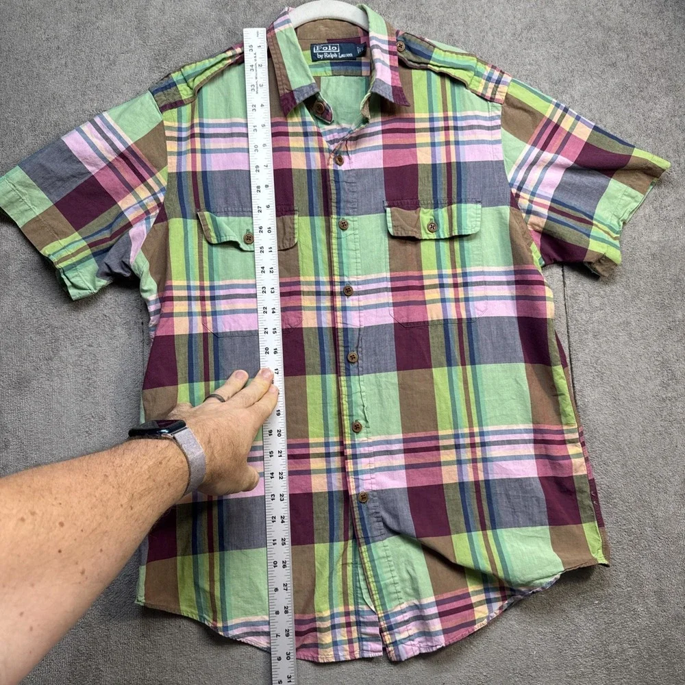 Polo Ralph Lauren Men's Plaid Short‎ Sleeve Shirt Large Epaulet Ivy Preppy Style